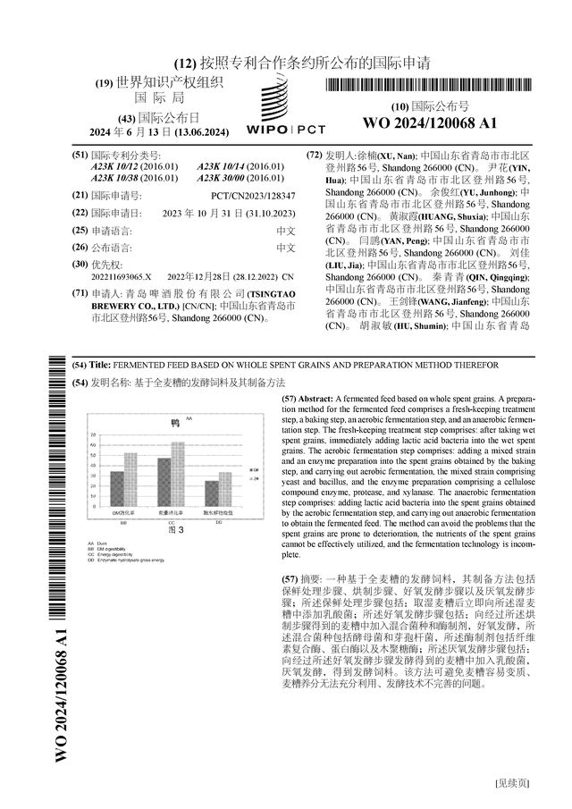 青岛啤酒公布国际专利申请：“基于全麦糟的发酵饲料及其制备方法”(图1)